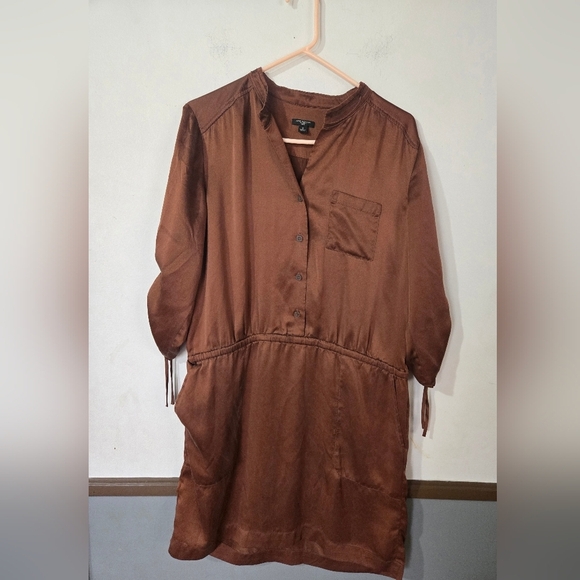 Ann Taylor Dresses & Skirts - Ann Taylor 100% Silk Shirt Dress Brown Women's Size 8 With 3/4 Cinched Sleeves